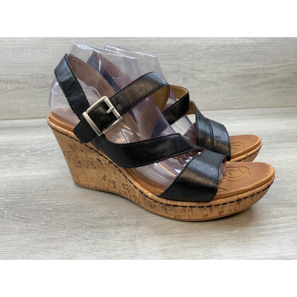 b.o.c. Born Concept Women's Sandals Black Strappy Cork Wedge 10 Comfort Shoes